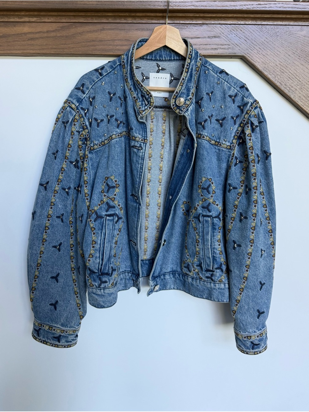 Sandro Embellished Studded Embroidered Denim Jacket Size 40